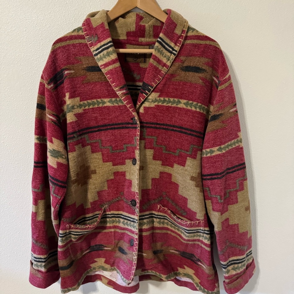 Gallop Southwestern Aztec Print Shacket Red Brown Button Whipstitch Shawl-XL